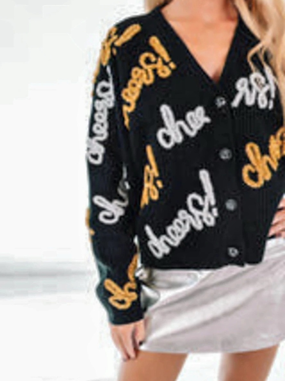 Queen of Sparkles Silver Gold Script Cheers! Black Cardigan Sweater Size L